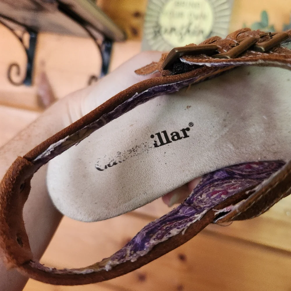 Caterpillar CAT Brown Leather Slingback Mary Jane Wedge Heel‎ Sandals Peep Toe 6